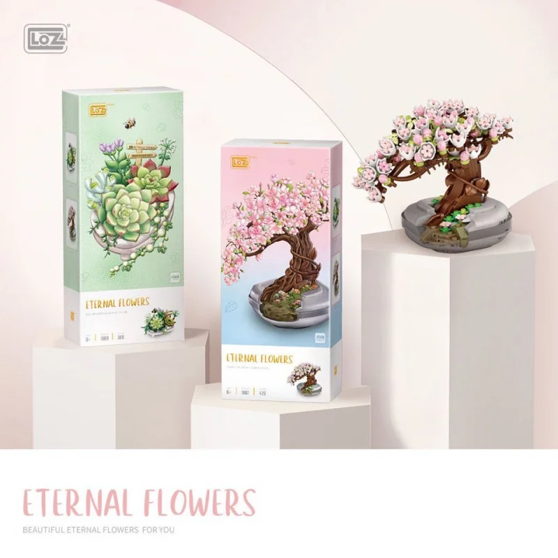 

Loz New Mini Small Particles Succulent Cherry Blossom Pot Bouquet Assembled Building Blocks Decoration Teacher's Day Gift