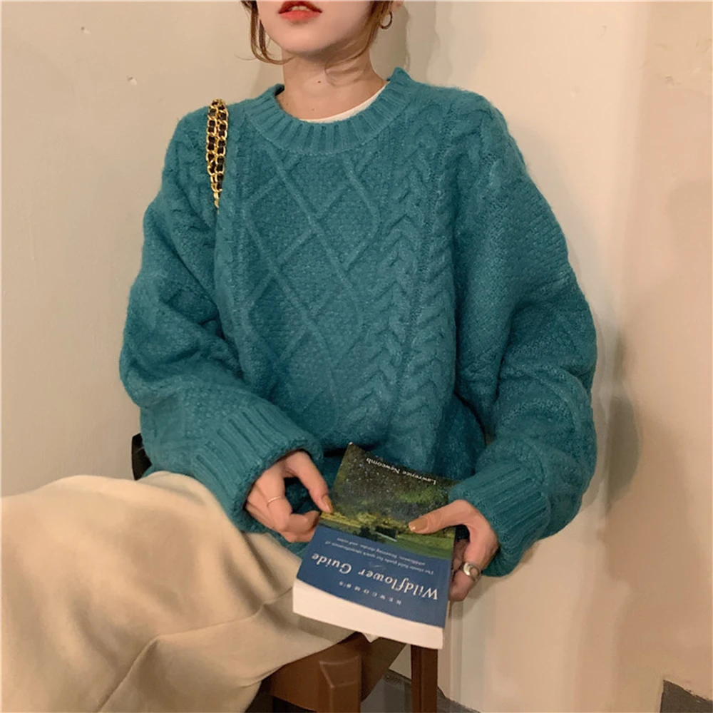 

2023 Korean Autumn Winter Vintage Lazy Loose Sweater Versatile Outwear Design Sweet Cotton Cashmere Fried Dough Twists Top