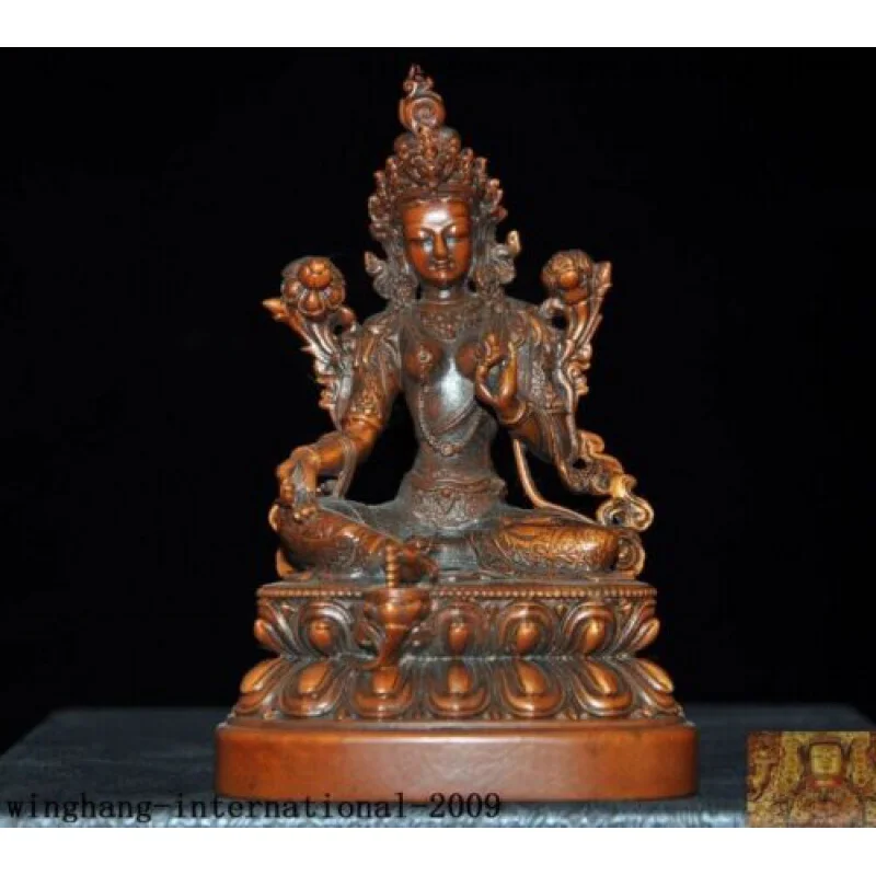 

5-Inch Tibetan Buddhism Square Wood Carved Green Tara Avalokitesvara