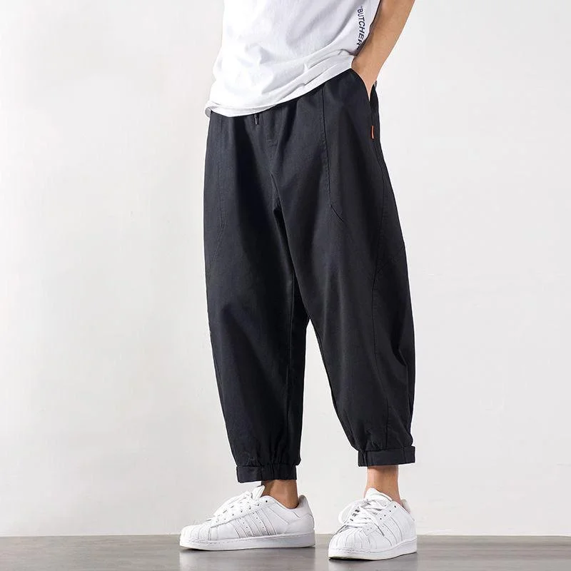 spring Summer new Solid color fashion Elastic waist ankle length pants man High street Pure cotton pocket patchwork trousers