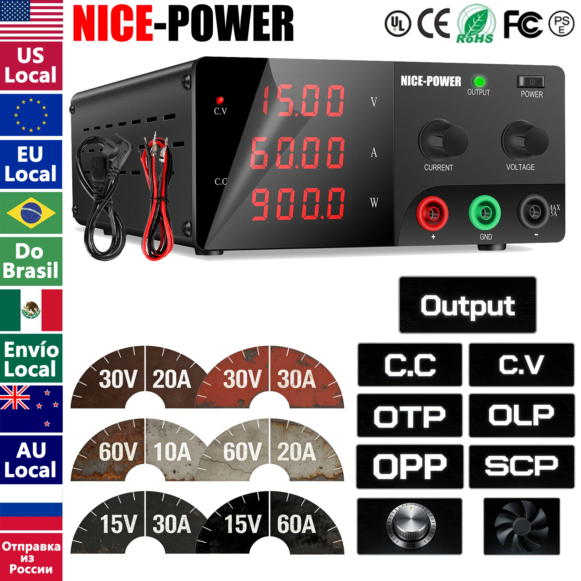 Nice-power 15v 30v 60v dc fonte de alimentação variável, 10a 20a 30a 60a fonte de alimentação de bancada de alta potência com botão codificador/interruptor de saída