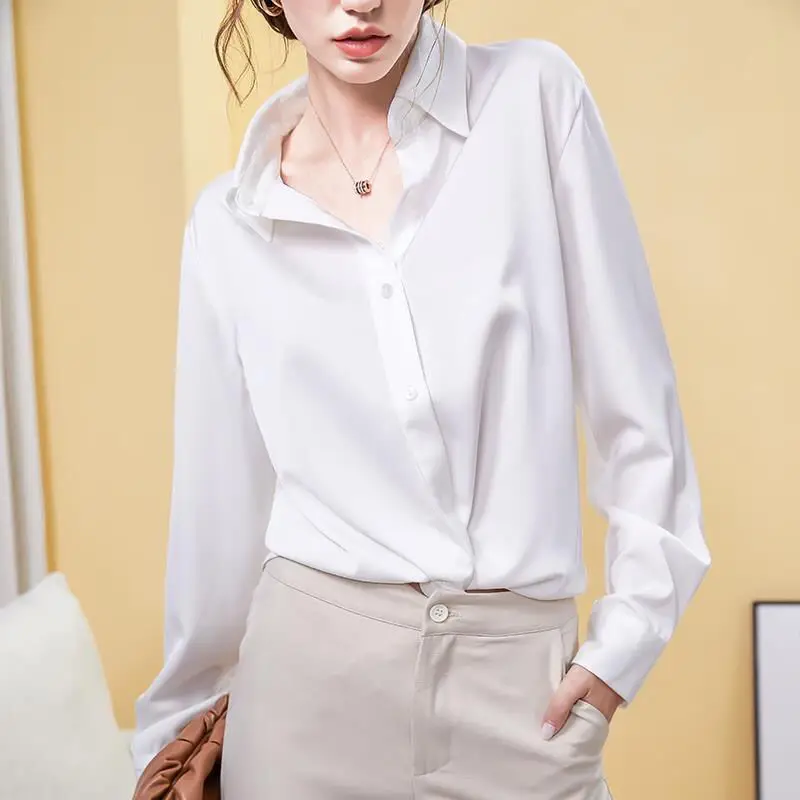 Fashion Solid Color Lapel Button Satin Shirt Women's Clothing Autumn New Casual Tops 2024 New Elegant Loose Office Lady Blouse