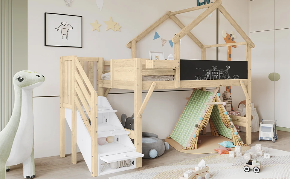 Etagenbett, Kinderbett mit Absturzsicherung und Geländer, einzigartiges Dachdesign, beschreibbare Tafel, mit 3 Schließfächern in der Treppe – Detail 8
