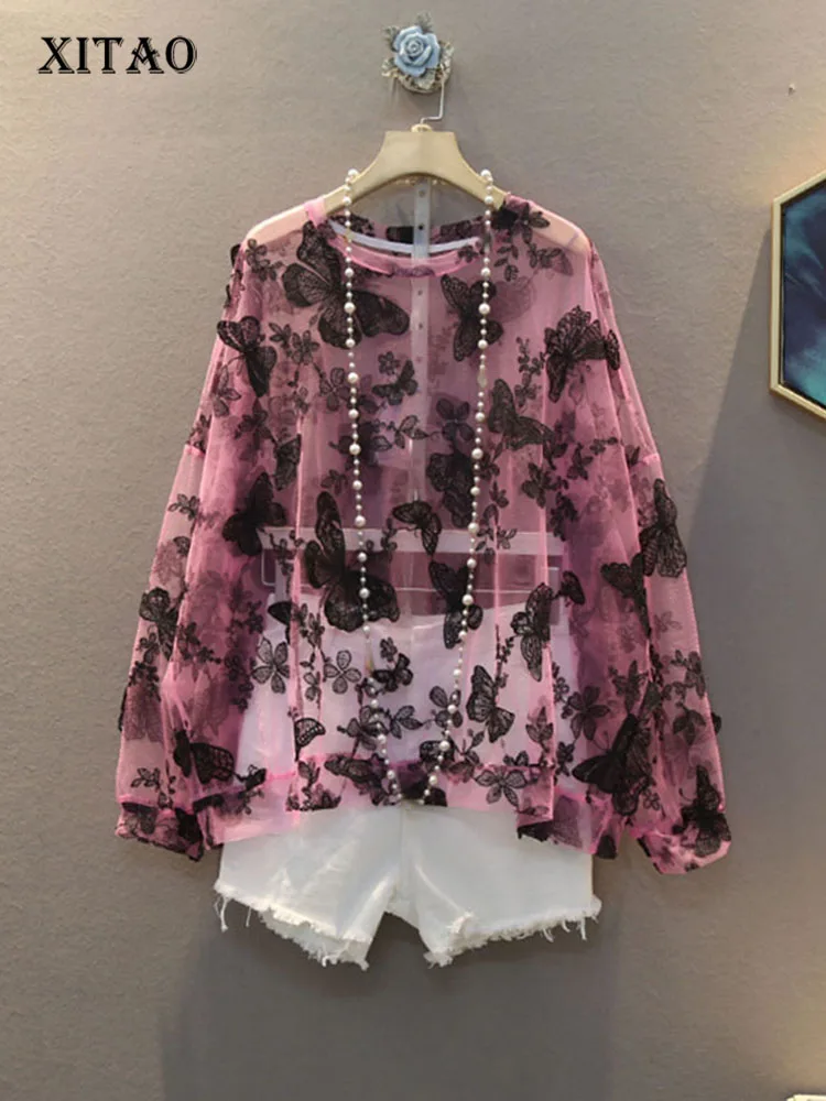 XITAO Korean Style Hollow Embroidery Flower T Shirt Fashion Long Sleeve