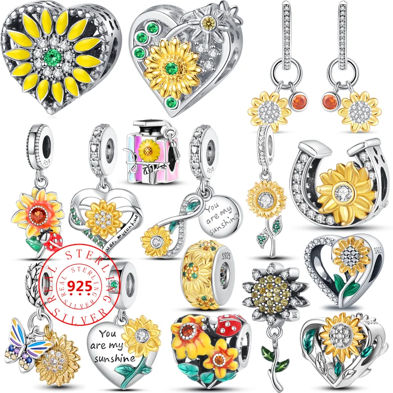 

925 Sterling Silver Golden Daisy Sun Sunflower Heart Charms Beads Fit Original Pandora Charms Bracelet Luxury Party DIY Jewelry