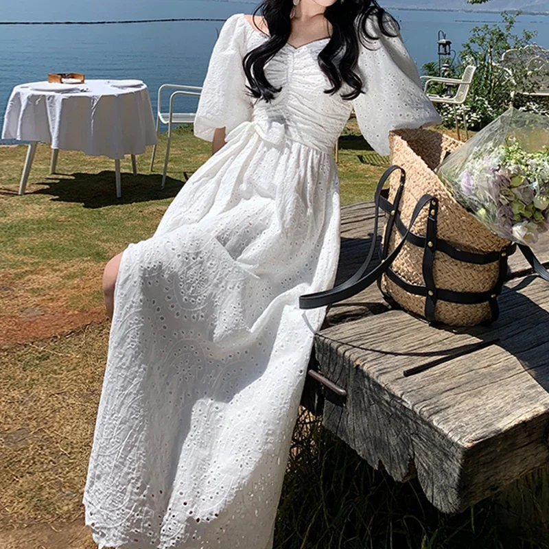 

Женское кружевное платье с V-образным вырезом, элегантное винтажное платье белого цвета с цветочным узором, лето 2019