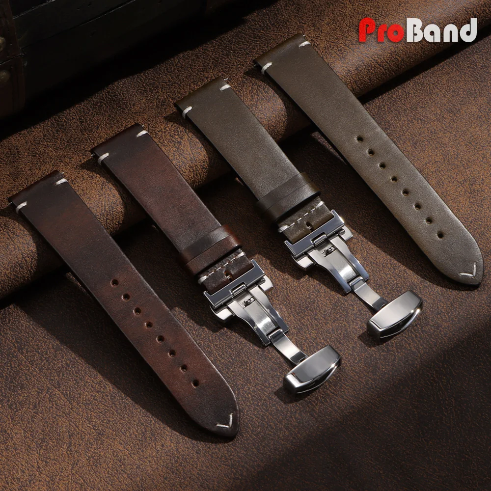 Vintage Soft Oil Wax Cowhide Watch Strap with Butterfly Buckle - Quick Release