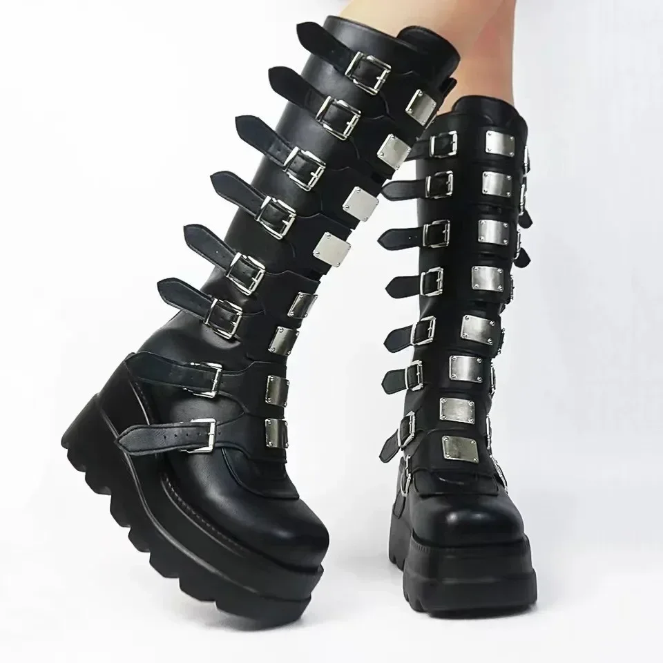 Gothic Platform Knee High Boots Punk Black Sexy Motorcycle Shoes 2024 Halloween Cosplay Women Shoes Zapatos De Mujer