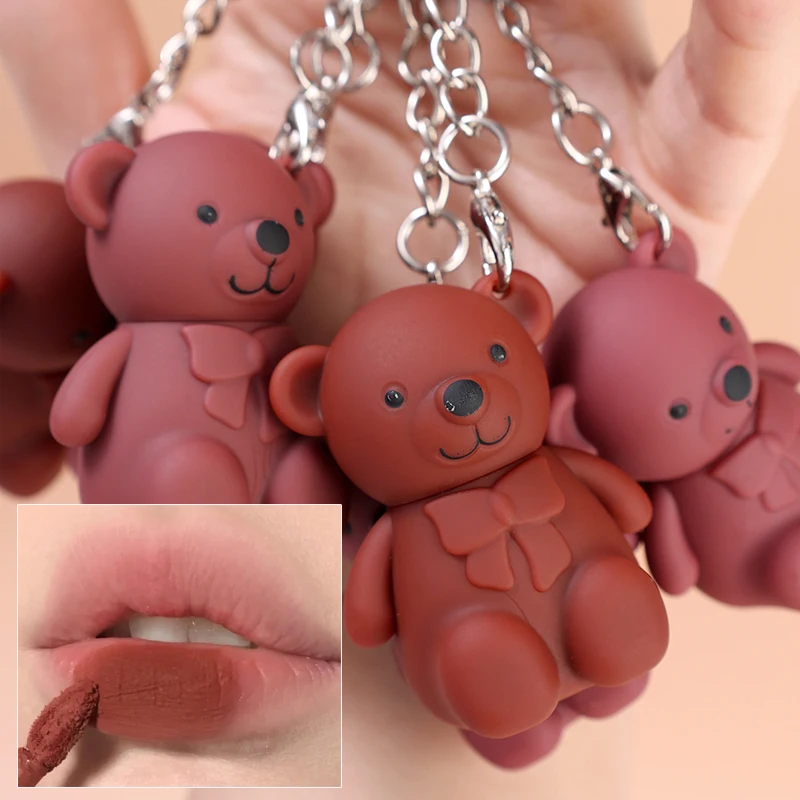 Cute Bear Portachiavi Lip Gloss Matte Velvet Lipglaze Waterproof Lasting Silky Smooth Liquid Lipstick Makeup Sexy Women Cosmetics