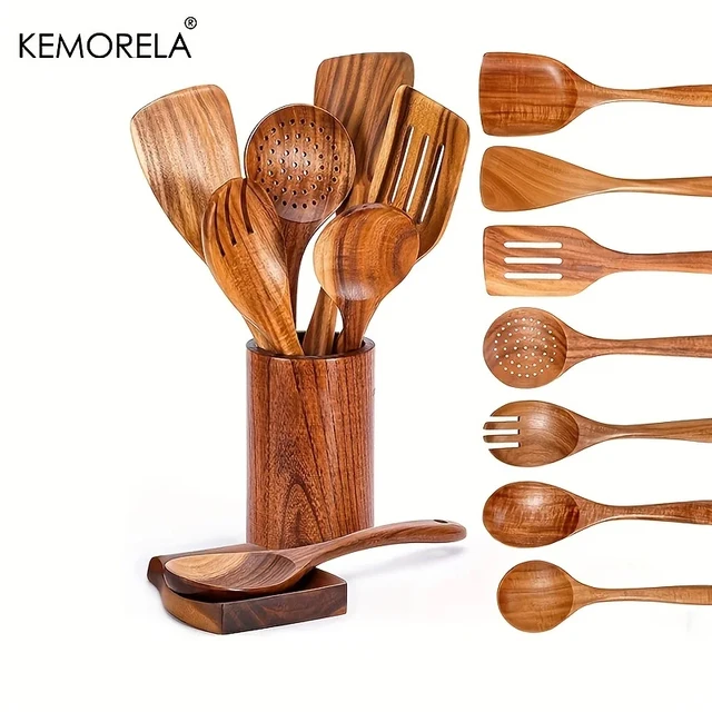 Set de utensilios de cocina de madera de teca: 4 a 9 piezas con soporte | Emoape