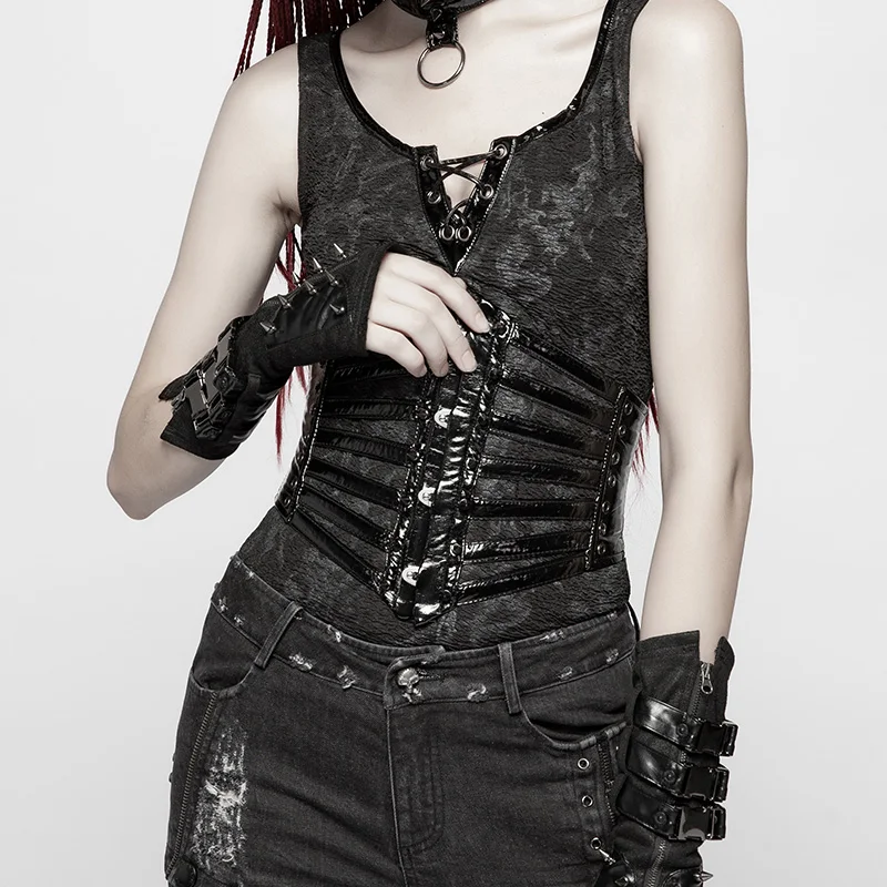 

PUNKRAVE Women's Punk Girdle Fashion Bright PU Metal Corns Cone Nail Hollow Out Performance Corset