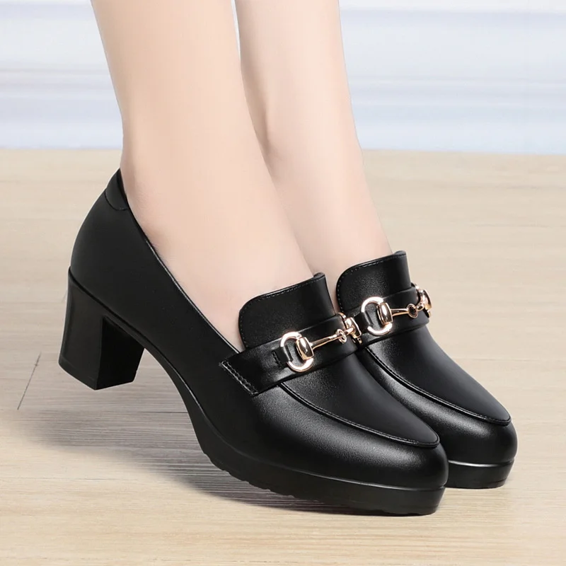 Spring New Comfort Square Heel Metal Chain Women Soft Leather Shoes Fashion Slip On Chunky Heel Casual Mary Jane Shoes
