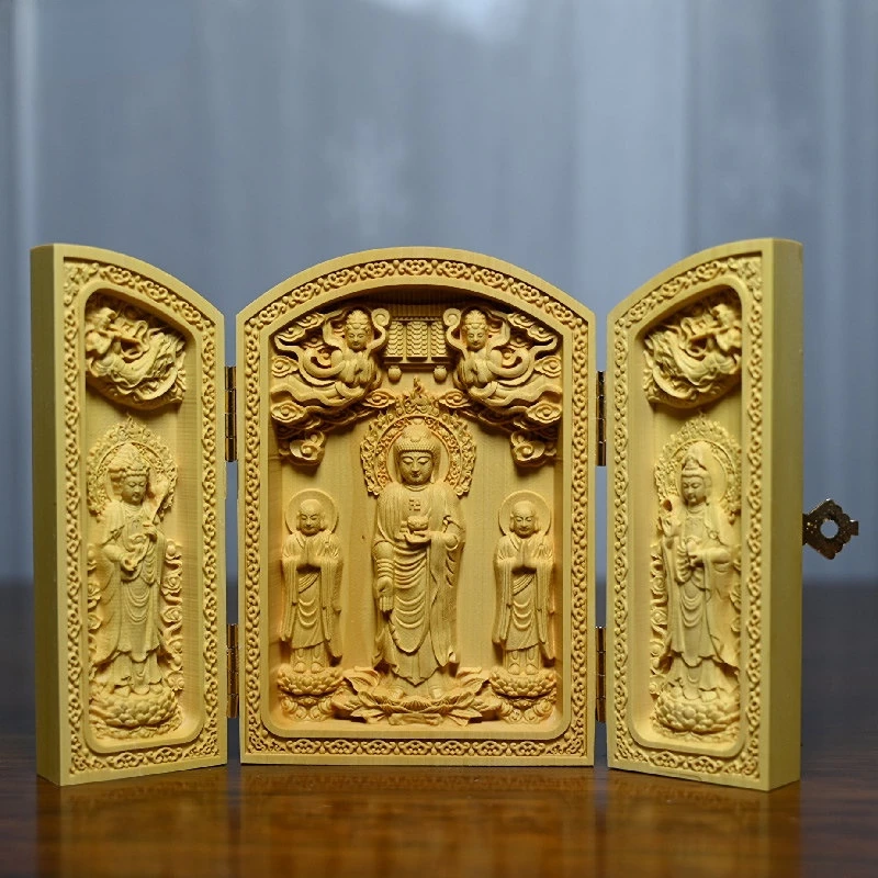 

Boxwood Western Three Holy Amitabha Buddha Statue Decoration To Guanyin Bodhisattva