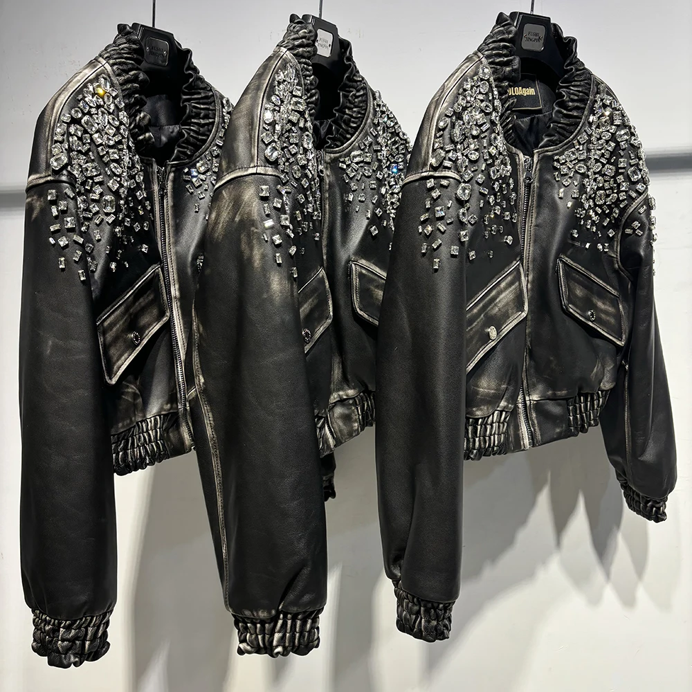 YOLOAgain Women's Real Leather Jacket Shiny Crystal Vintage