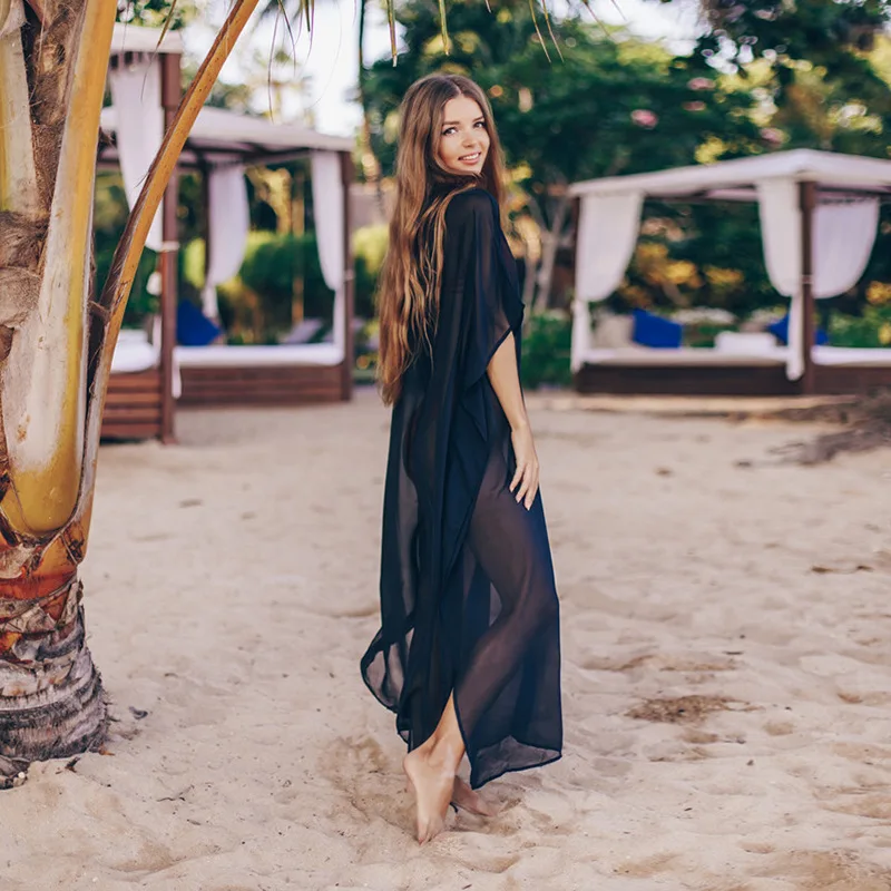 Women Embroidery Chiffon Swimwear Turkish Kaftans Swimsuit Cover up Caftan Beach Long Dress 4