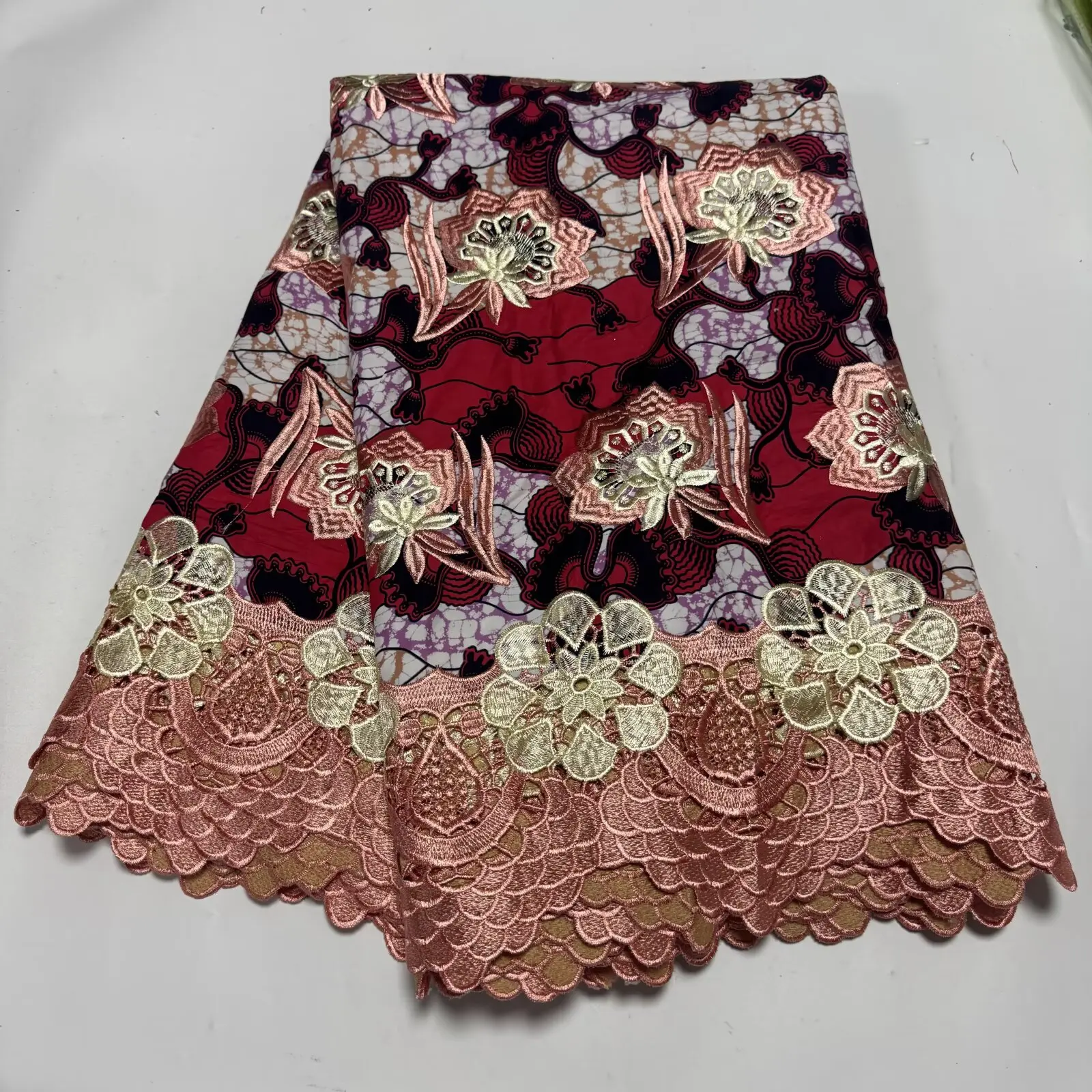 African Wax With Cord Lace, Cotton Wax Prints Luxury Ankara Fabric Guipure Embroidery Women Dress Loincloth 6 Yards 2