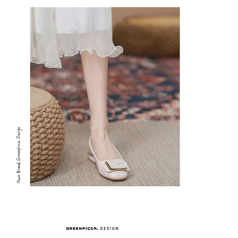 French Style Women's Flat Shoes Leather Square Toe Low Block Heel_voghion.com