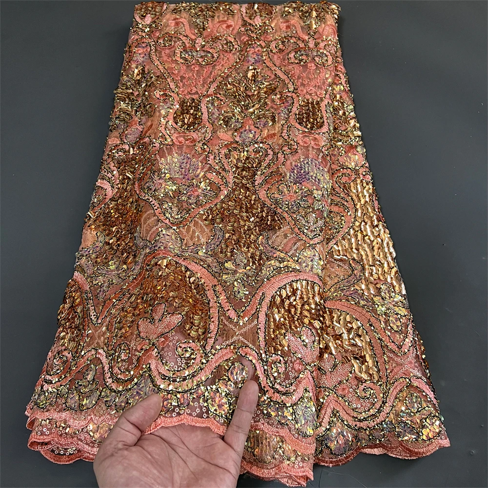 

2023High Quality African Nigerian Lace Fabric Embroidery Tulle Pure Wedding Party Dress Guipure SequinsFor Sewing Beads 5yards