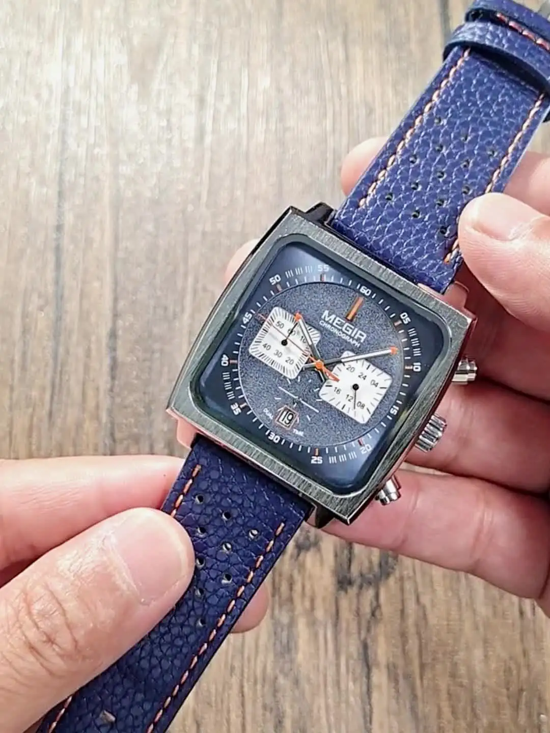 Orologio Uomo MEGIR Cronografo Rettangolare - Blu, Quarzo, Cinturino In Pelle, Luminescente