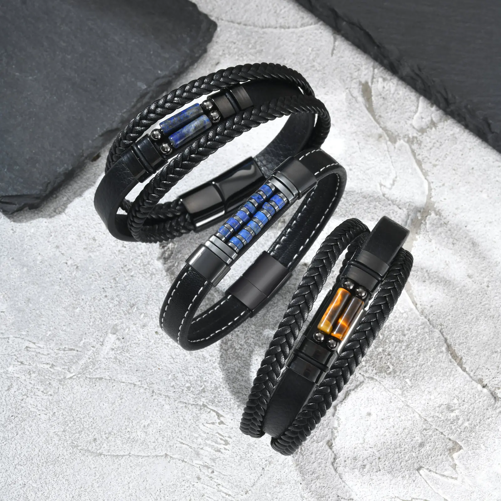 Vnox Herren-Lederarmband, Naturstein, Perlen, geflochten, mehrschichtig, Armband mit Magnetverschluss, Punk-Schmuck, Geschenk für Vater, Sohn, Ihn