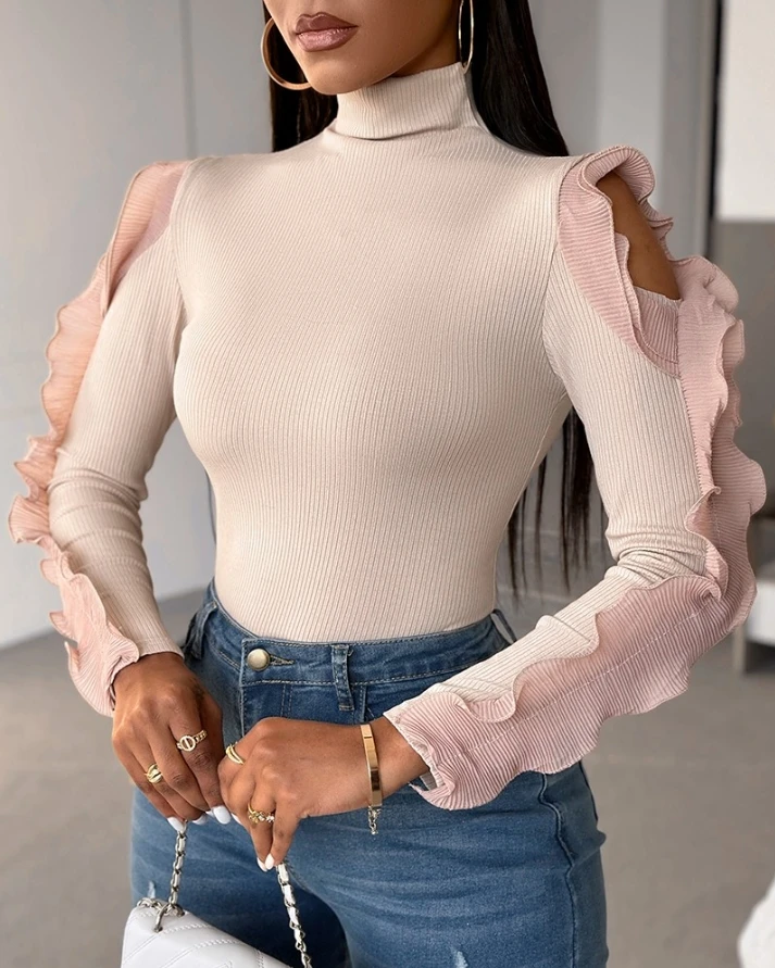 

Women T Shirt Hollow Out Ruffle Hem Sleeve Tops Spring Slim Skinny Tee Woman Clothes Sexy Tshirt Female Solid Long Sleeve Tops