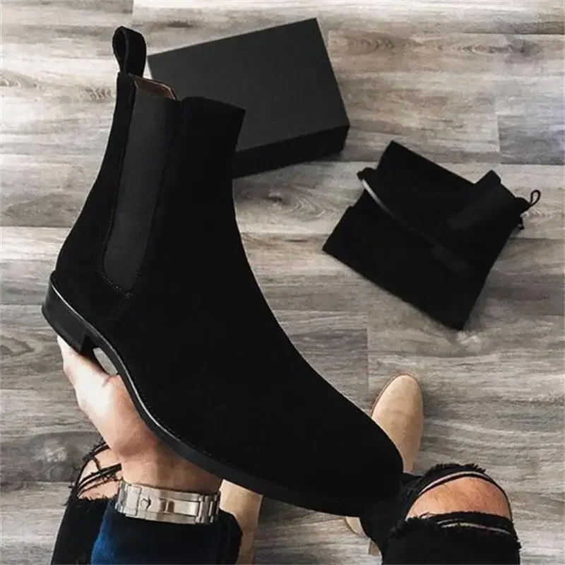Chelsea Boots Men Wine Red Black Faux Suede Business Low-heeled Handmade Fashion men chelsea boots