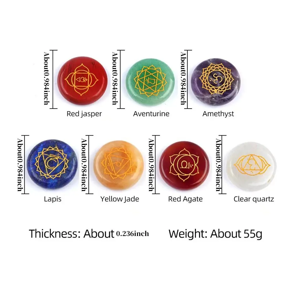 7 teile/paket 0,984 zoll Runde Form 7 Chakra Naturstein Ornament Amethyst Quarz Energie Gravierte Symbole Reiki Wahrsagerei Heilung