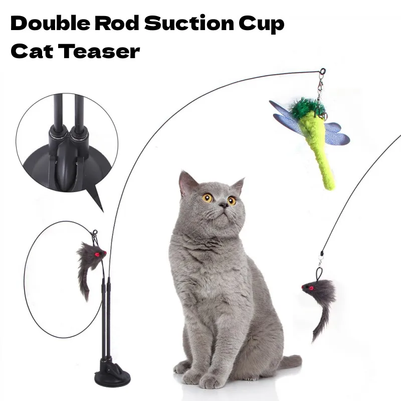 Simulated Bird Cat Teaser Long Rod Suction Cup Interactive Cat Toy with  Bell Colorful Feather Handheld Pet Teasing Wand Supplies