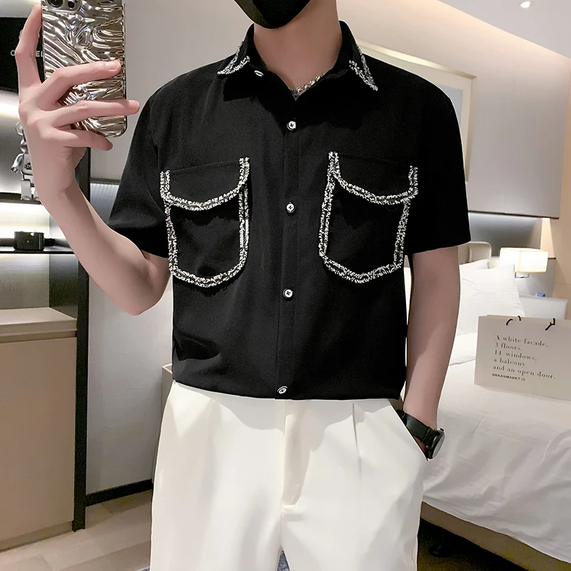 2023 Summer Ice Silk Shirt for Men Short Sleeve Loose Casual Shirts Fashion Streetwear Social Party Tuxedo Blouse Men Clothing