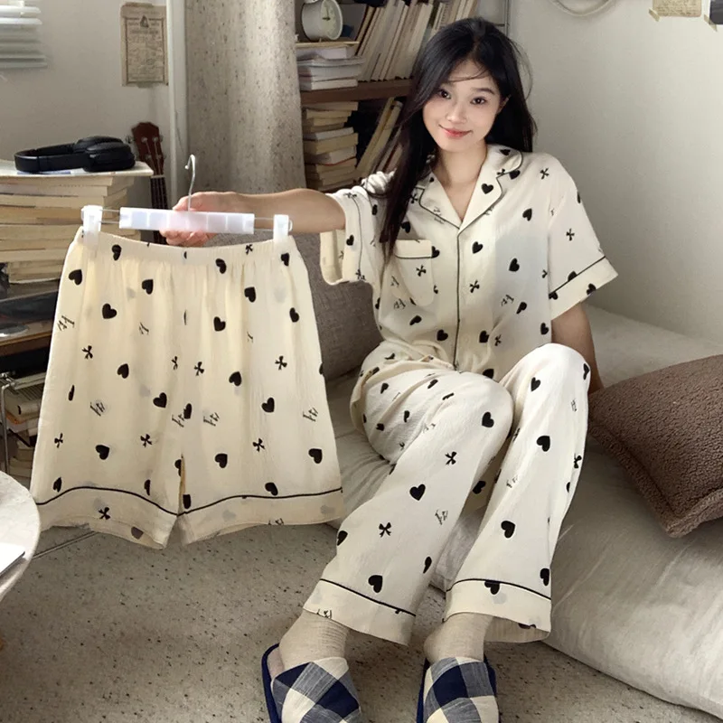 Sanrio Women's Pajamas and Pajamas New Three-Piece Set Short-Sleeved Cute Set Home Clothes Cartoon Thin Girl Clothing Gift