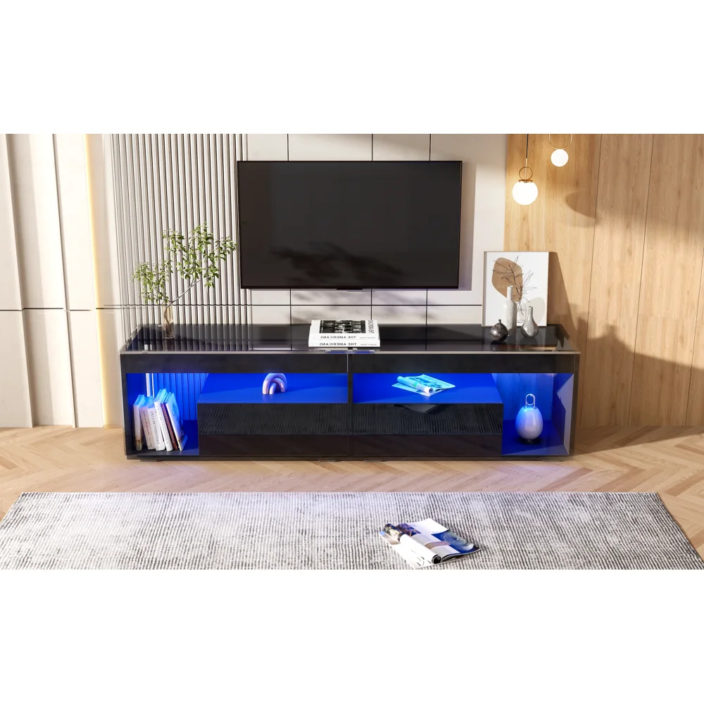 Hochglänzender LED-TV-Schrank in Schwarz, geeignet für Fernseher bis zu 70 Zoll mit 2 Schubladen, ideal als Konsolentisch für Schlafzimmer und Wohnzimmer – Detail 7