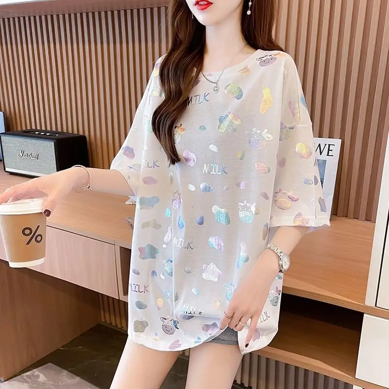 

Summer New Bronzing Short-sleeved T-shirt Women's Korean-style Mid-length Loose Elegant All-match Bronzing Reflective Top Ins