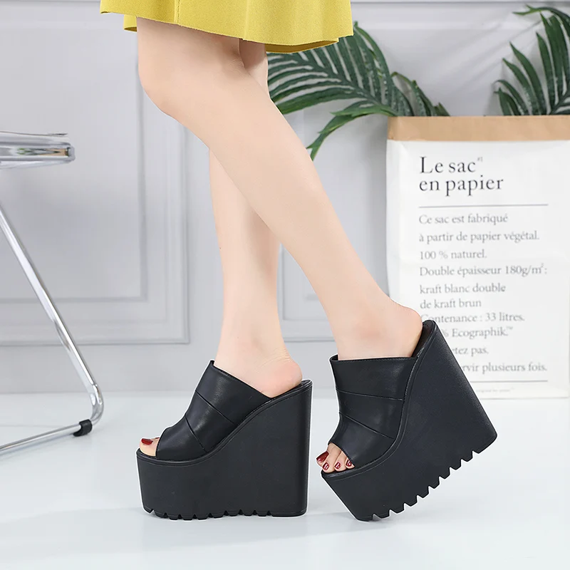 

16CM Open Toe Mules Sandals for Women Shoes Slip On Black Soft Leather Platform Chunky Heels Summer Shoes Lace Up Plus Size