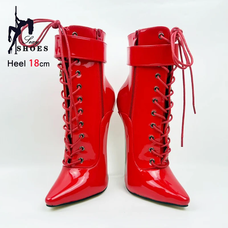 Red Pointed Toe Ankle Wrap Strap Women Ballet Boots 18CM Solid Stiletto High Heels Lace Up Design Large Size Female Fetish Shoes