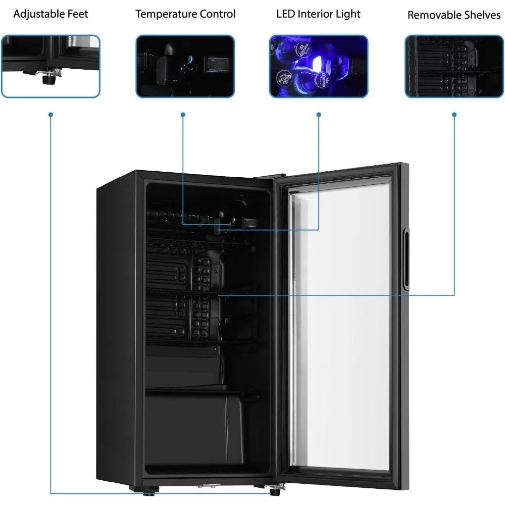 3.2 Cu.ft Mini Fridge with Double Glass Door, Beer or Wine for Home, Office or Bar with Adjustable Removable Shelves
