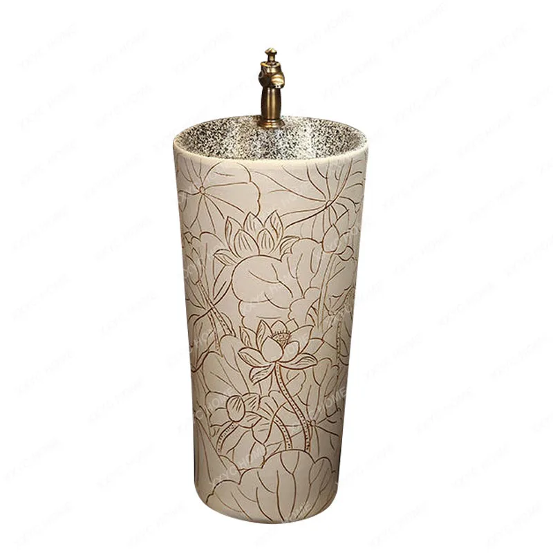 

White Lotus Carving Pedestal Basin Integrated Floor Type Wash Basin Inter-Platform Basin Balcony Ceramic Column Type Washbasin