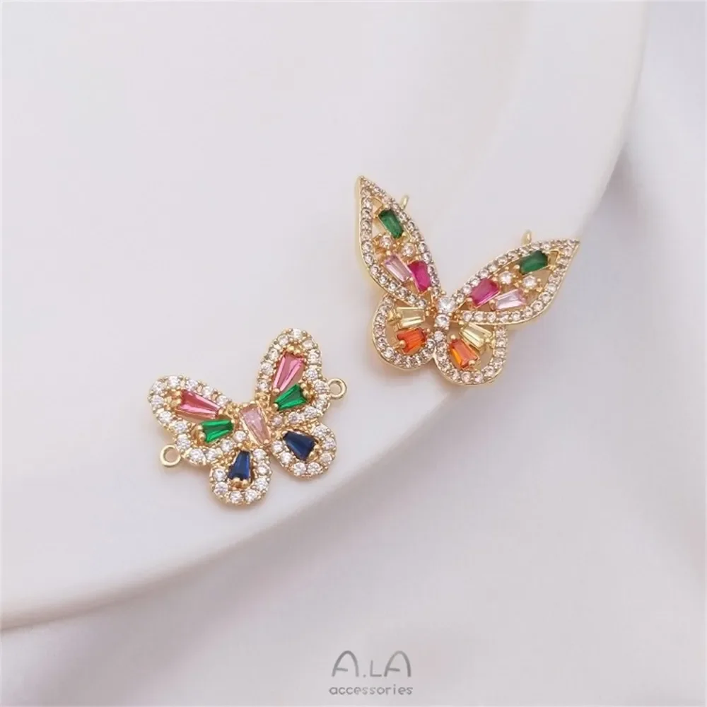 14K  골드 마이크로 상감 컬러 지르코늄 나비 펜던트 목걸이, 이중 걸이식 DIY 수제 팔찌 액세서리