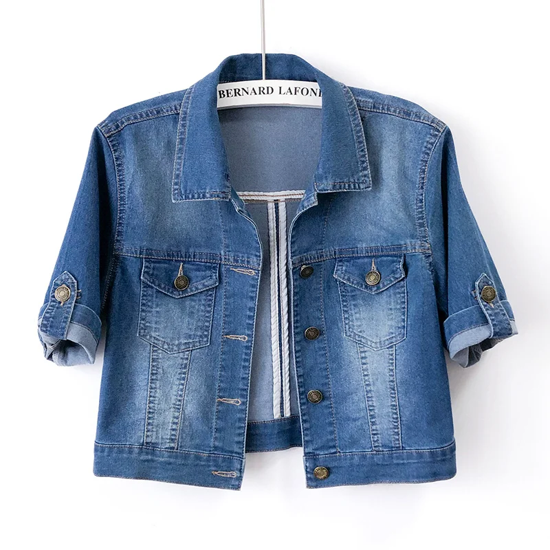 

Summer Vintage Light Blue Thin Denim Coat Women Short Cowboy Coat Dark Blue Short Sleeve Jeans Jacket Female Slim Chaqueta Mujer