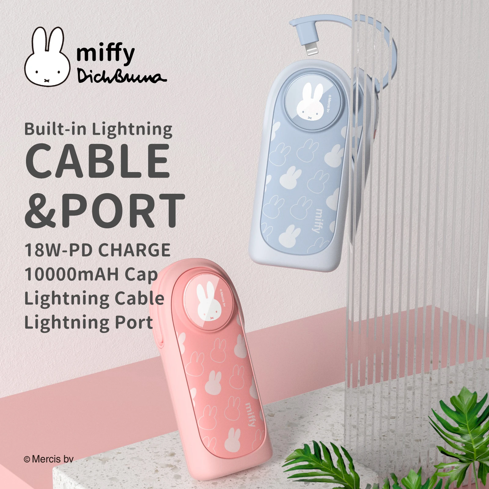 Miffy Power Bank MFi Built-in Lightning Cable Port For iPhone 13 Pro 10000mA 20W Portable Battery Charger Fast Charging powerban smart power bank