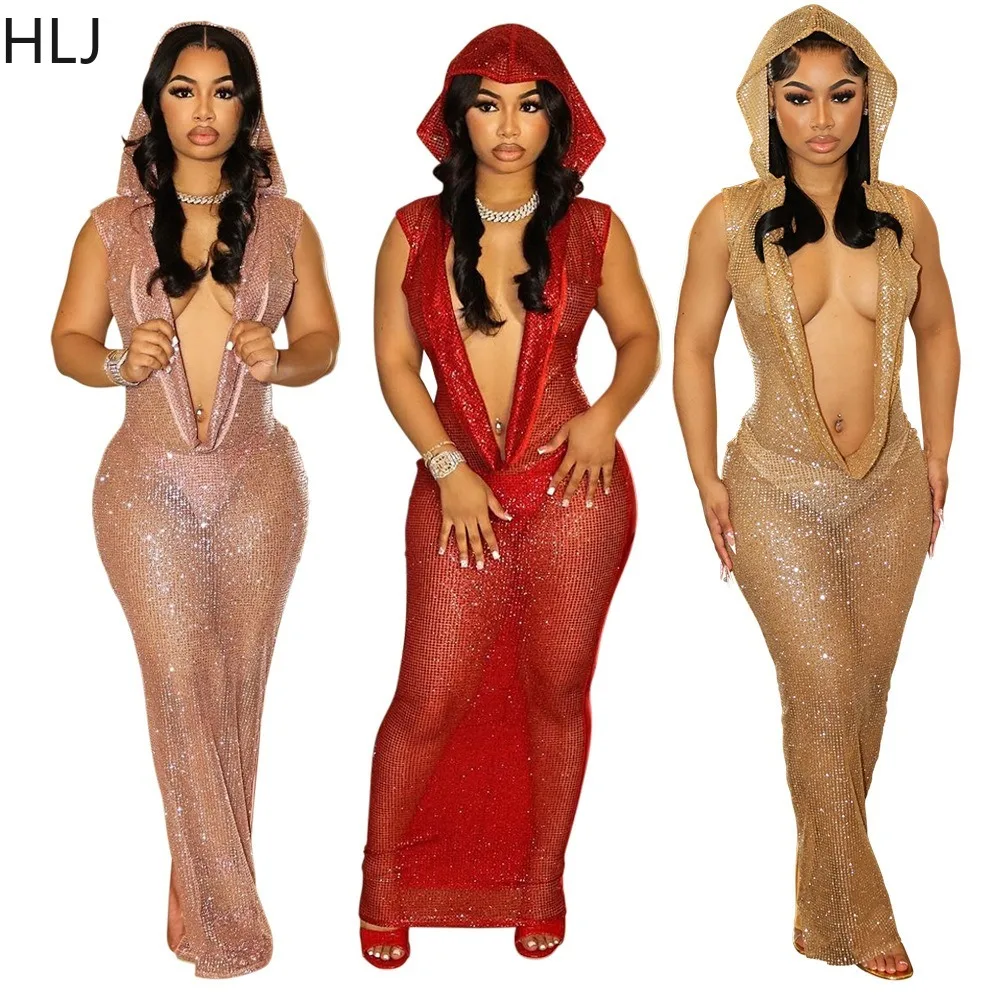 

HLJ Sexy Deep V Perspective Sequin Hooded Bodycon Party Club Dresses Women Backless Sleeveless Slim Vestidos Fashion Clothing