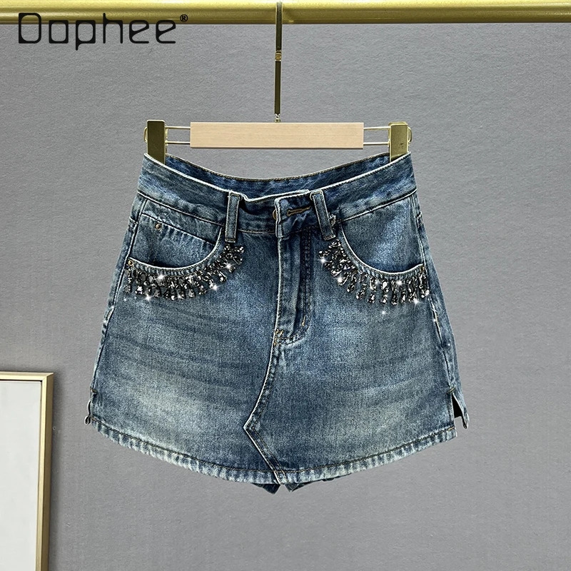 Women's Diamonds Denim Skirt Short Culottes 2024 New Summer Streetwear Woman High Waist Slim Slimming Distressed Jean Skirts