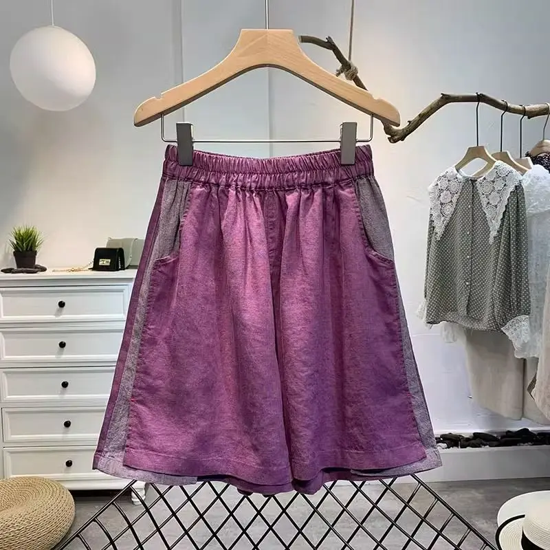 2024 Women's New Summer Simplicity Commute Elasticized High-waisted Spliced Contrast Color Pockets Loose Casual Wide-leg Shorts