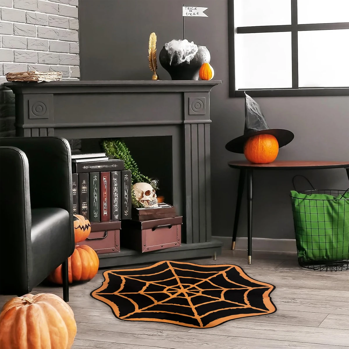 1PC Washable Spooky Gothic Rug Non-Slip Spiderweb Aisle Runner Spider Web Rug Orange Black Halloween Party Mat for Home Decor