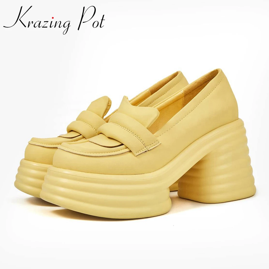 

Krazing Pot Cow Leather Round Toe Thick High Heels Platform Spring Shoes Basic Simple Style Solid Causal Slip on Maiden Pumps