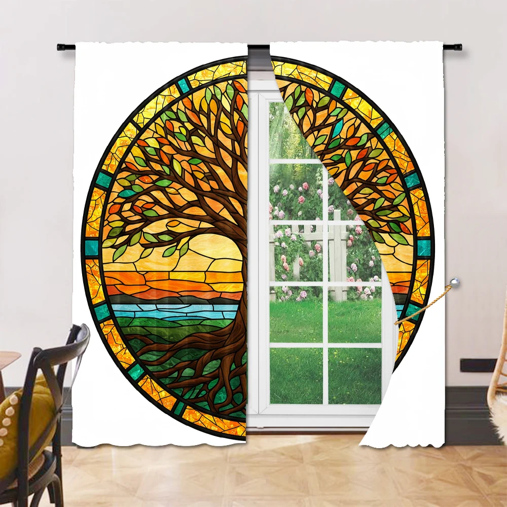 2pc, Window Drapes Bohemian tree pattern Versatile Fabric,Without Electricity Birthday Party Perfect for Holiday Decor 6