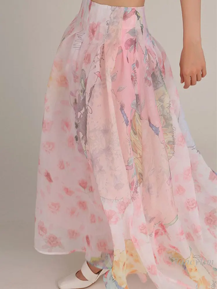 

Spring Fashion Romantic Color Printing Skirt for Women A- Line High Waist Vintage Skirts Faldas Largas Para Mujer Moda 2023