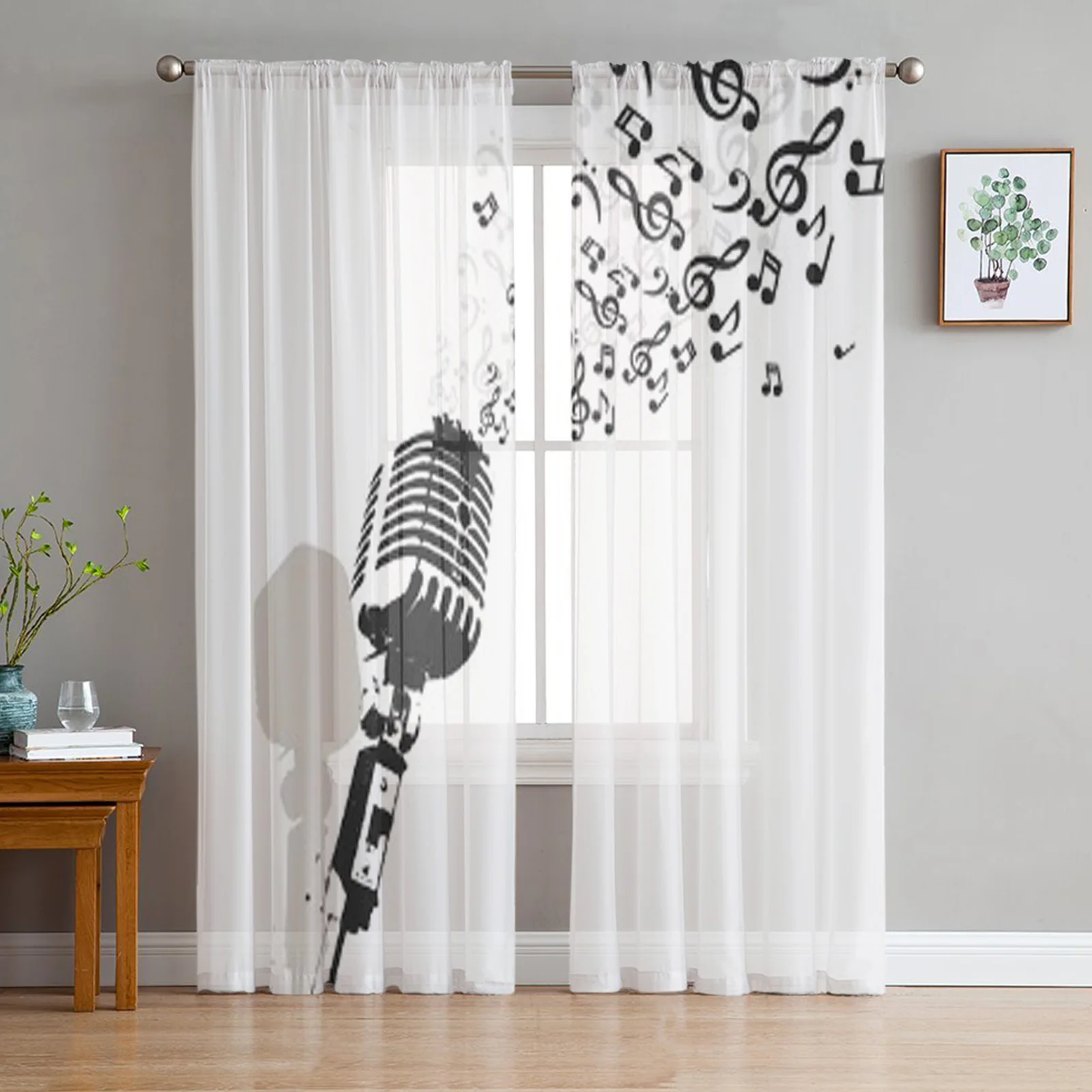 Retro Microphone Music Jazz Radio Or Concert Chiffon Sheer Curtains for Living Room Bedroom Window Curtain Voiles Tulle Cortinas