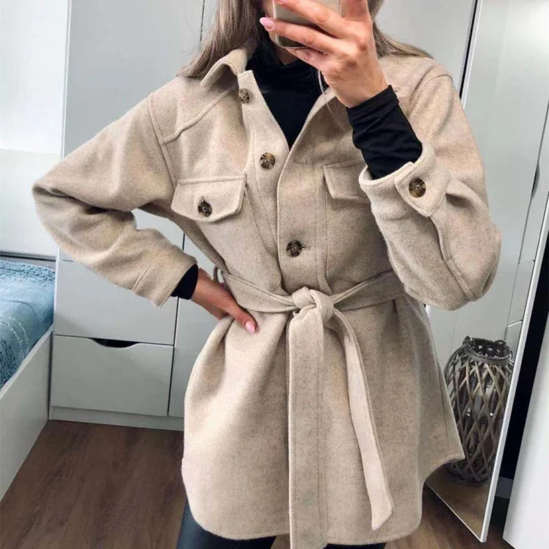 

Vintage Woman Loose Sashes Woolen Coats 2022 Chic Female Autumn Soft TurnDown Collar Outwear Ladies Elegant Pockets Jackets