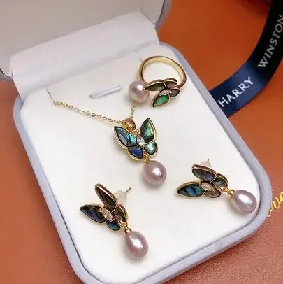 

south sea Abalone Shell butterfly crystal pearl necklace pendant earring ring set
