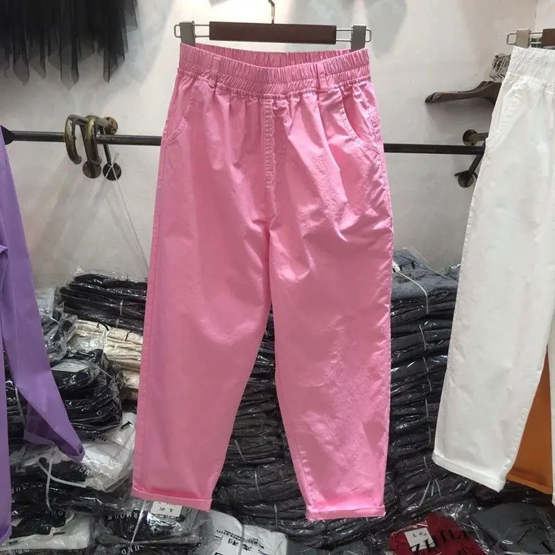 Korea Summer Purple Radish Pants for Women 2023 New Candy Color Elastic High Waist All-match Casual Harem Pants Ankle-length